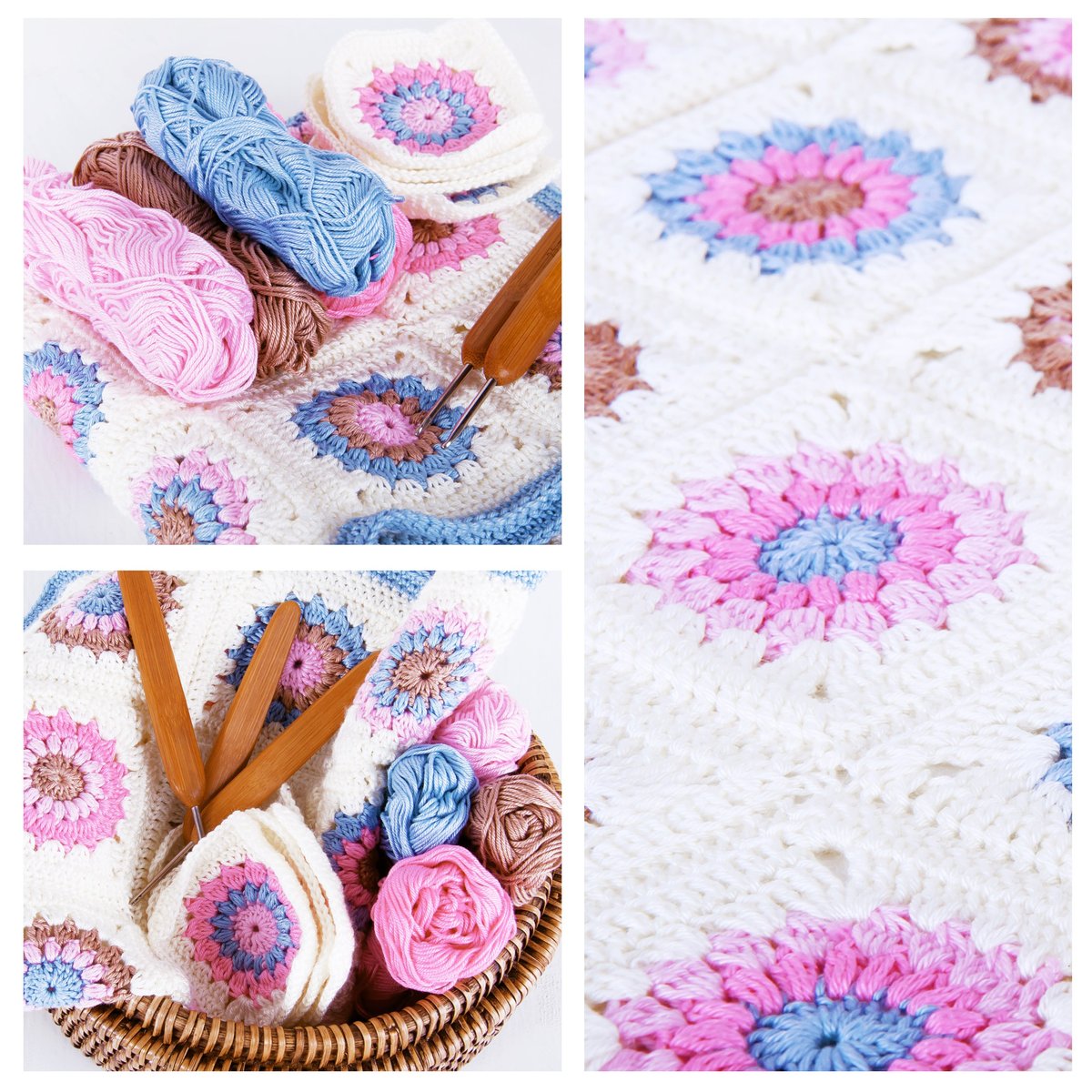 Manta de granny squares en tonos rosa y azul tejida a crochet