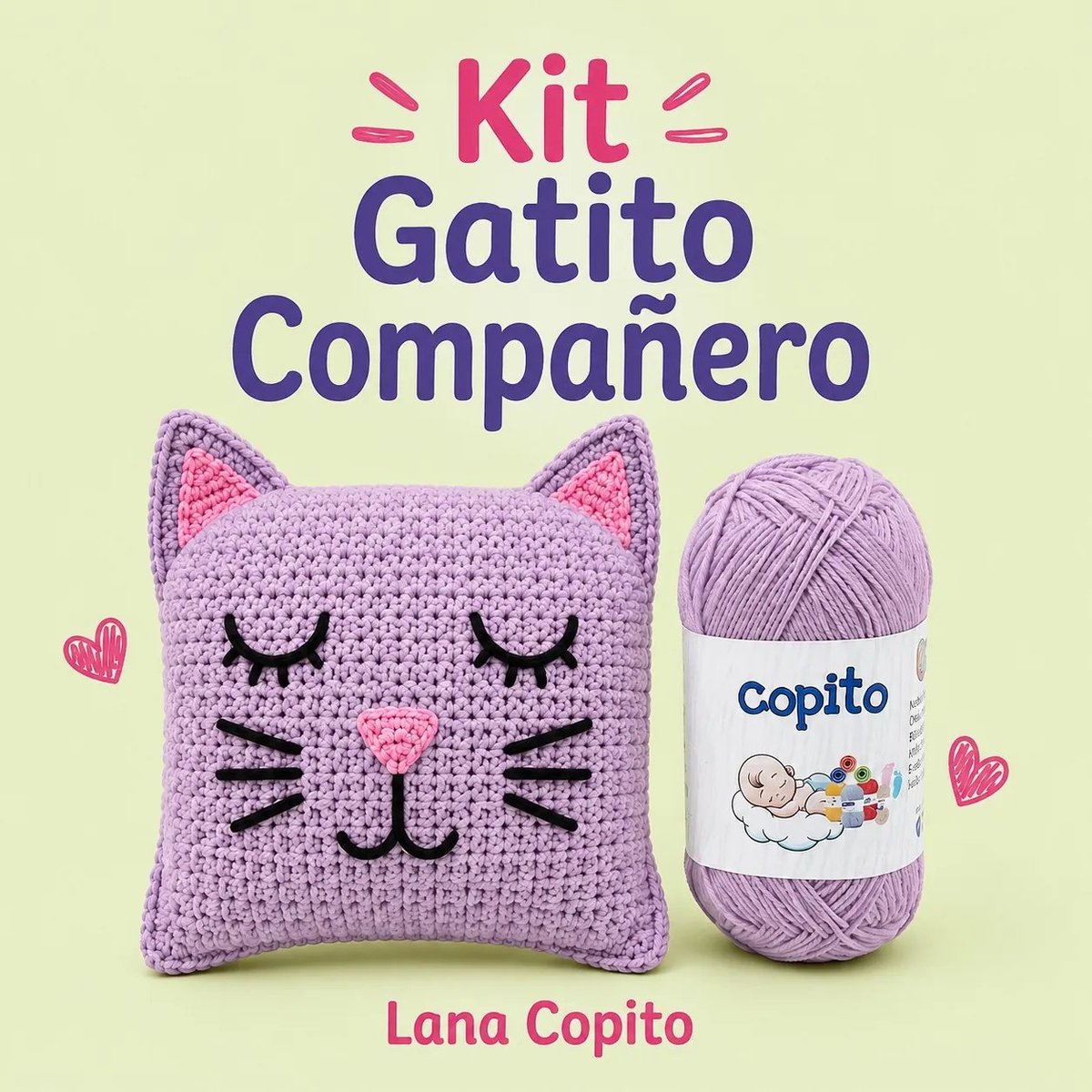 Kit Gatito Compañero crochet con almohada de gatito morada y ovillo de lana Copito, sobre fondo verde pastel