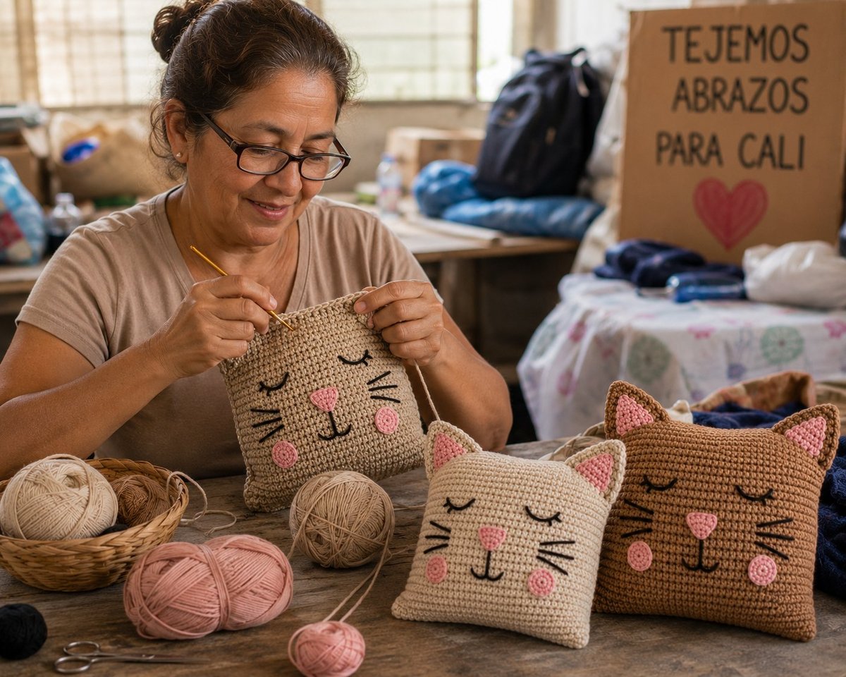 Mujer tejiendo un cojín con forma de gato rodeada de hilos, peluches terminados y un cartel de donación que dice Tenemos abrazos para Cali
