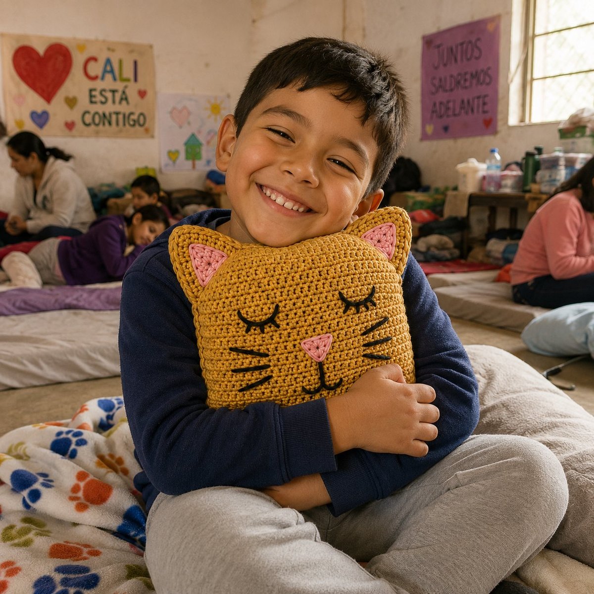 Niño sonriendo mientras abraza un Gatito Compañero tejido en amarillo con orejas rosadas, en un salón colorido con carteles que dicen Cali está contigo y Juntos saldremos adelante