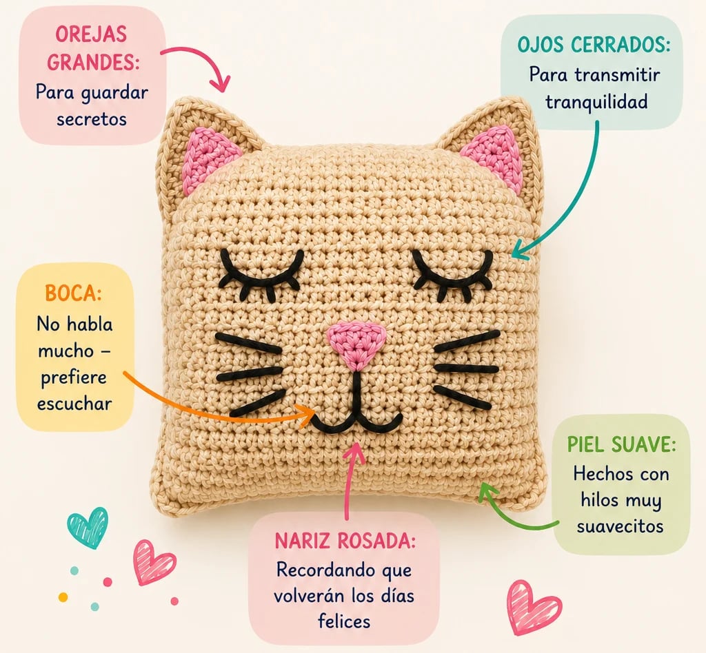 Gatito Compañero tejido en crochet color beige con orejas rosadas, ojos cerrados bordados, nariz rosada y bigotes negros, rodeado de etiquetas que explican cada rasgo: orejas grandes para guardar secretos, ojos cerrados para transmitir tranquilidad, boca que prefiere escuchar, nariz rosada recordando los días felices, y piel suave hecha con hilos muy suavecitos