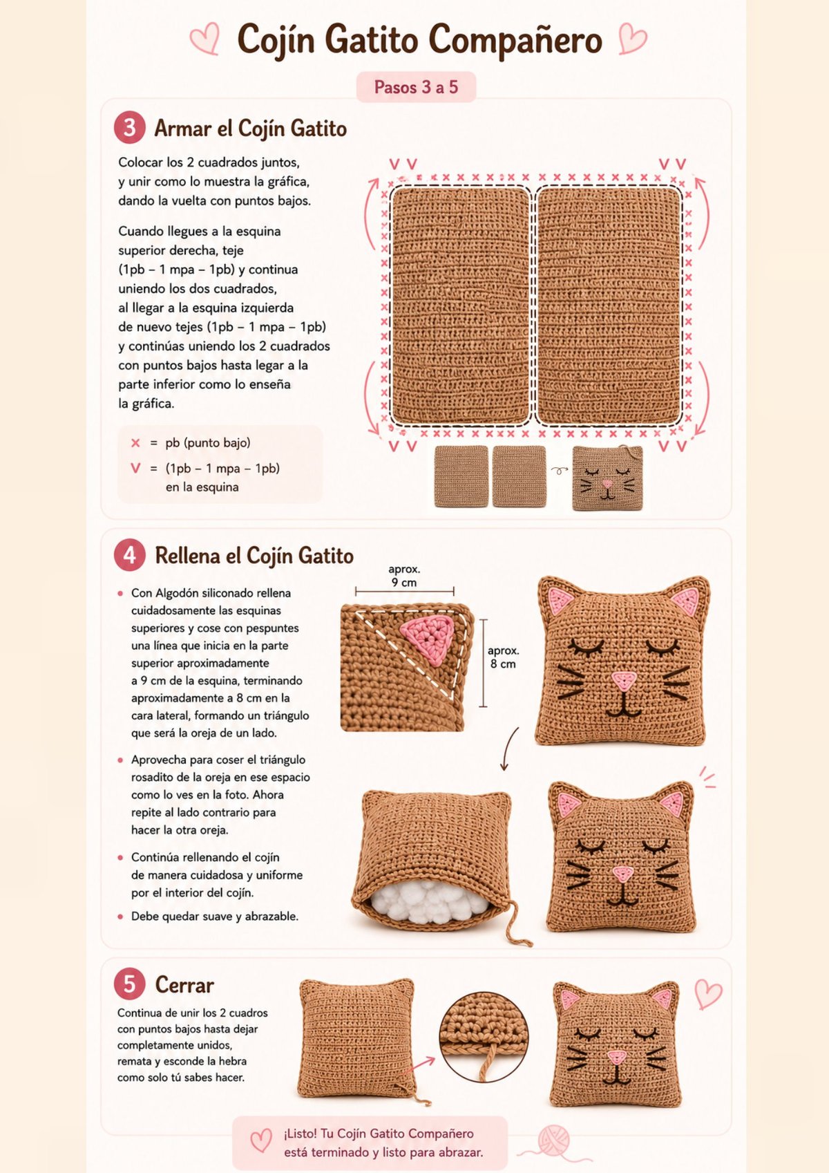 Patrón de crochet del Cojín Gatito Compañero, pasos 3 a 5: armar, rellenar y cerrar, con diagramas en español
