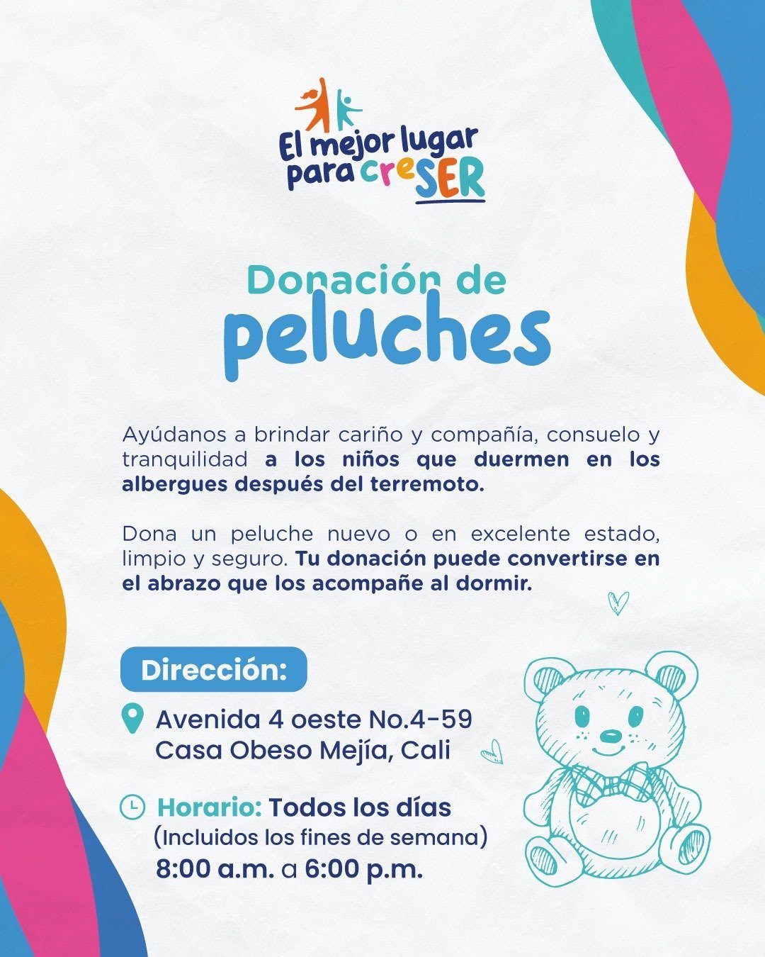 Afiche promocional del programa de donación de juguetes de la fundación El mejor lugar para crecer, con ubicación y horarios de atención