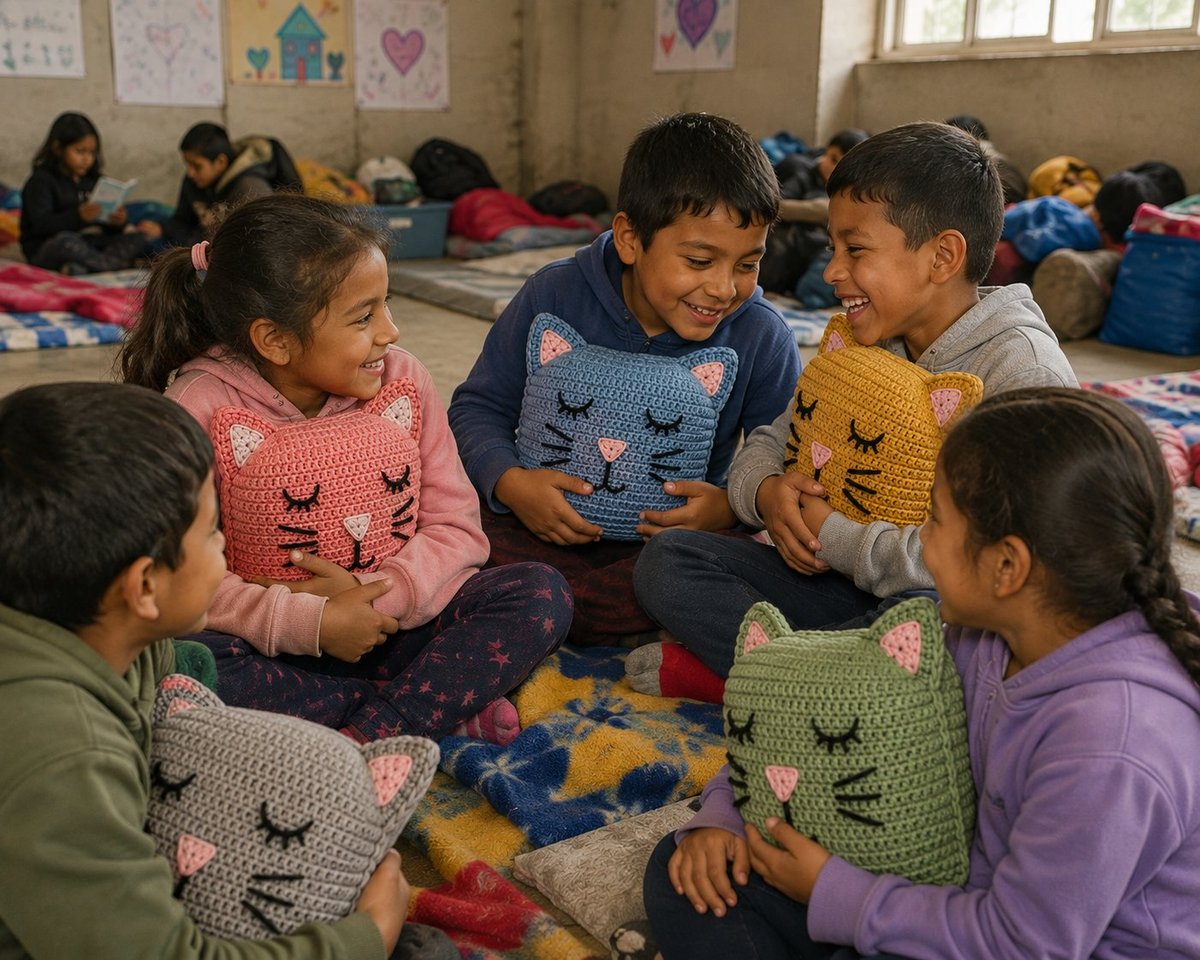 Grupo de niños sonriendo mientras abrazan sus Gatitos Compañeros tejidos en crochet en colores rosado, azul, amarillo, gris y verde, sentados juntos sobre cobijas coloridas en un salón